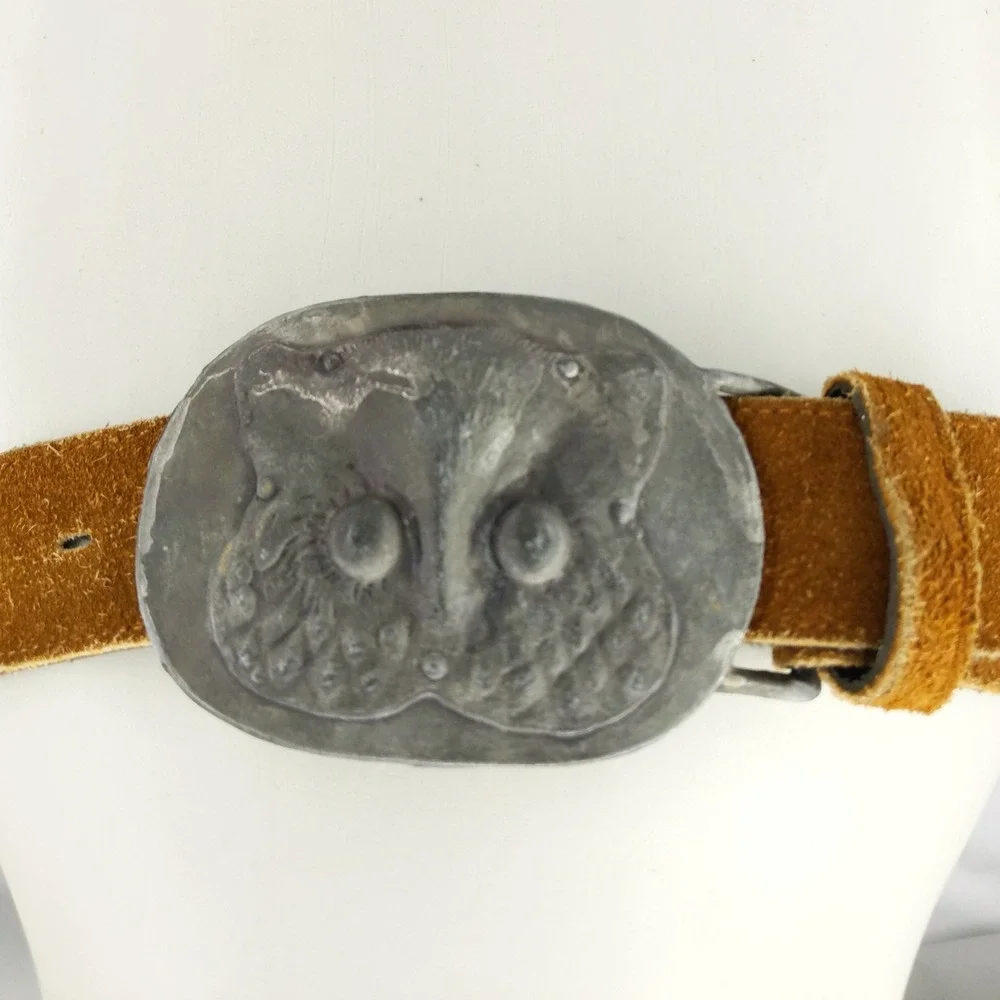 vtg Pewter Face Buckle‎ Russ w/Suede Belt Owl Creature Mask Creations